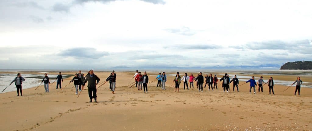 mau rākau being lead by kaiako māori on the beach